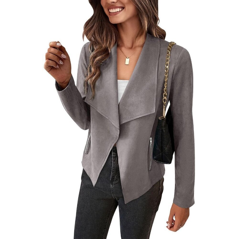 Women's Grey PRETTYGARDEN Faux Suede Jackets Fashion Fall Clothes Long Sleeve